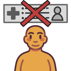 a person with a red X over a greyed out rectangle, which has on it a Red Cross, a small picture of them, and bullet points with writing.